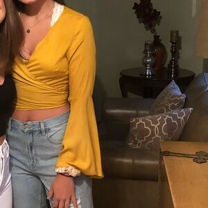 Mustard Yellow Polkadot Wrap Crop Top with Bell Sleeves - Women